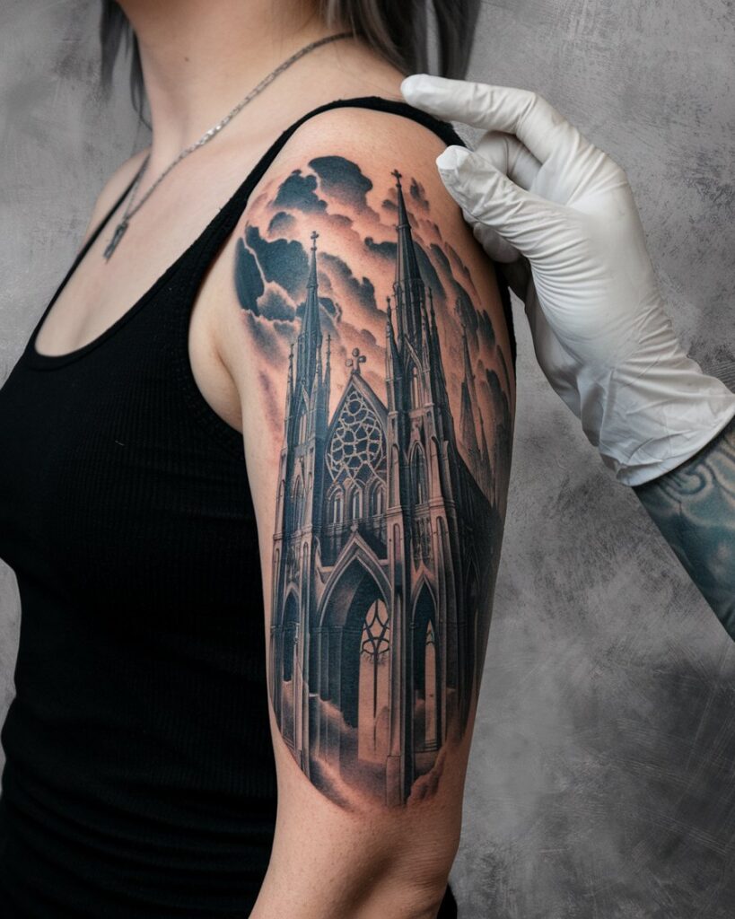 Tatuaje surrealista de una catedral gótica en el brazo