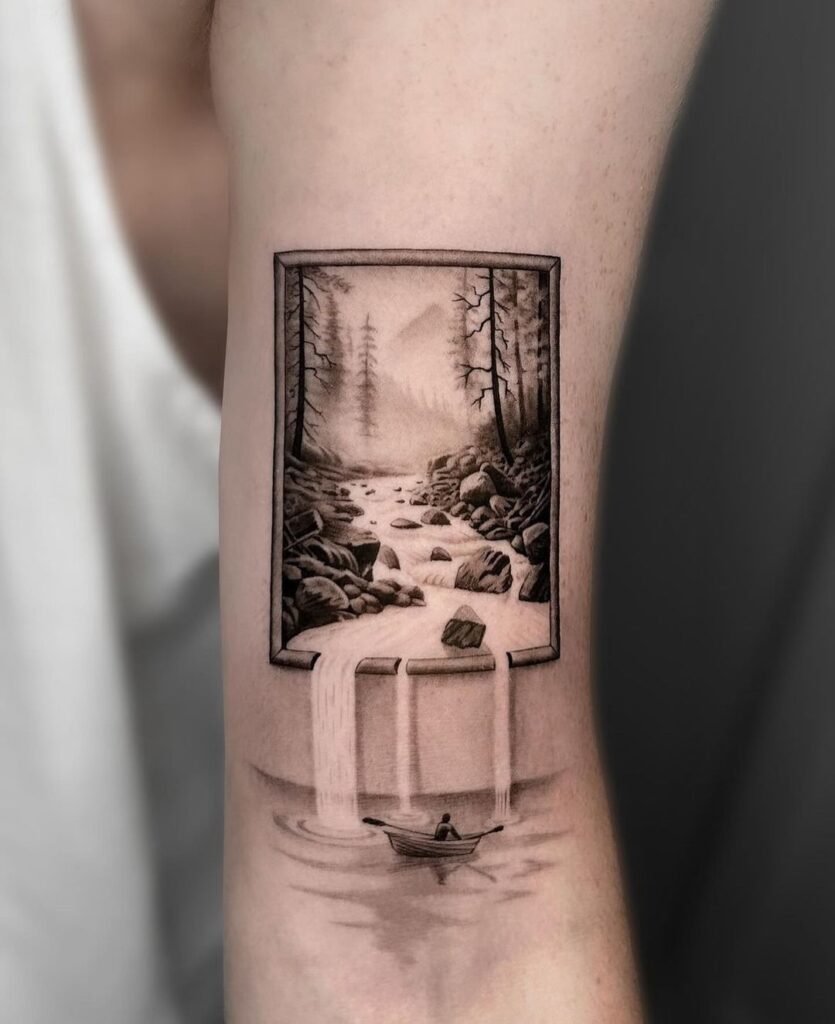 Tatuagem de paisagem trippy