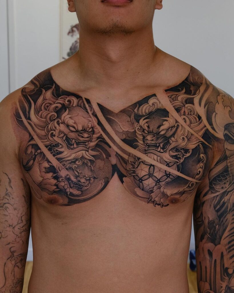 Two Symmetrical Dragons Chest Tattoo