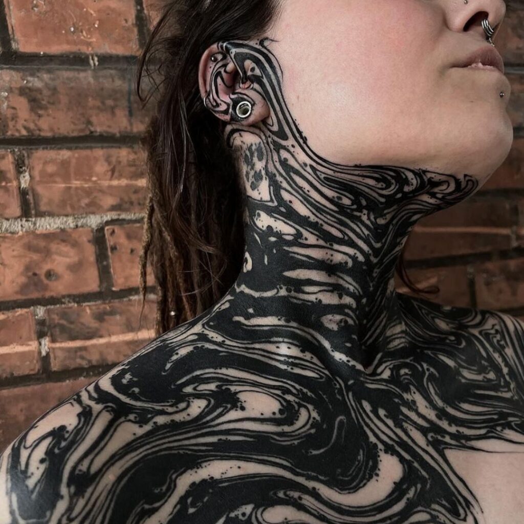 Warped Ripples Chest And Neck Tattoo