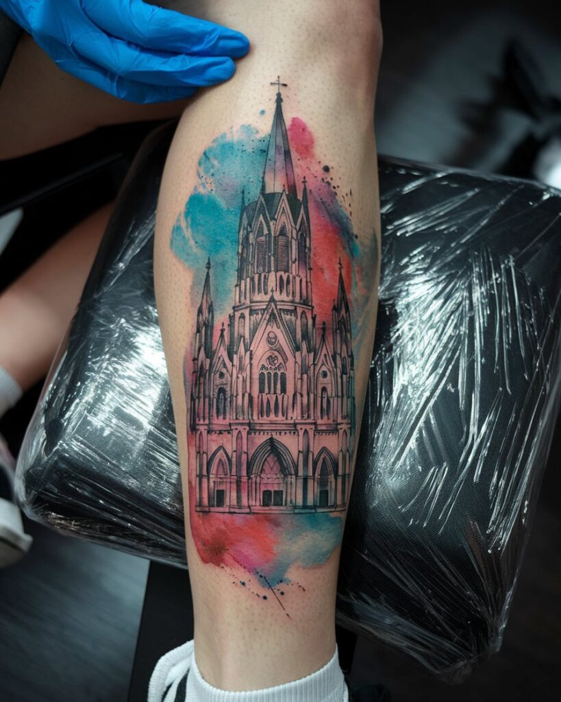 Watercolor Gothic Cathedral Leg Tattoo