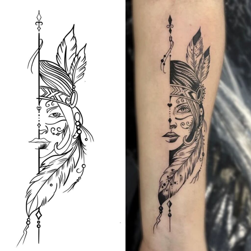 Tatuagem de mulher guerreira a meio da manga