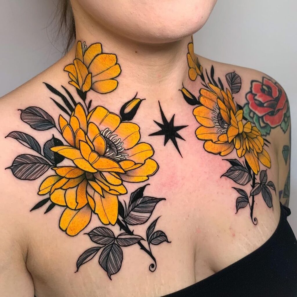 Yellow Flowers Chest And Neck Tattoo