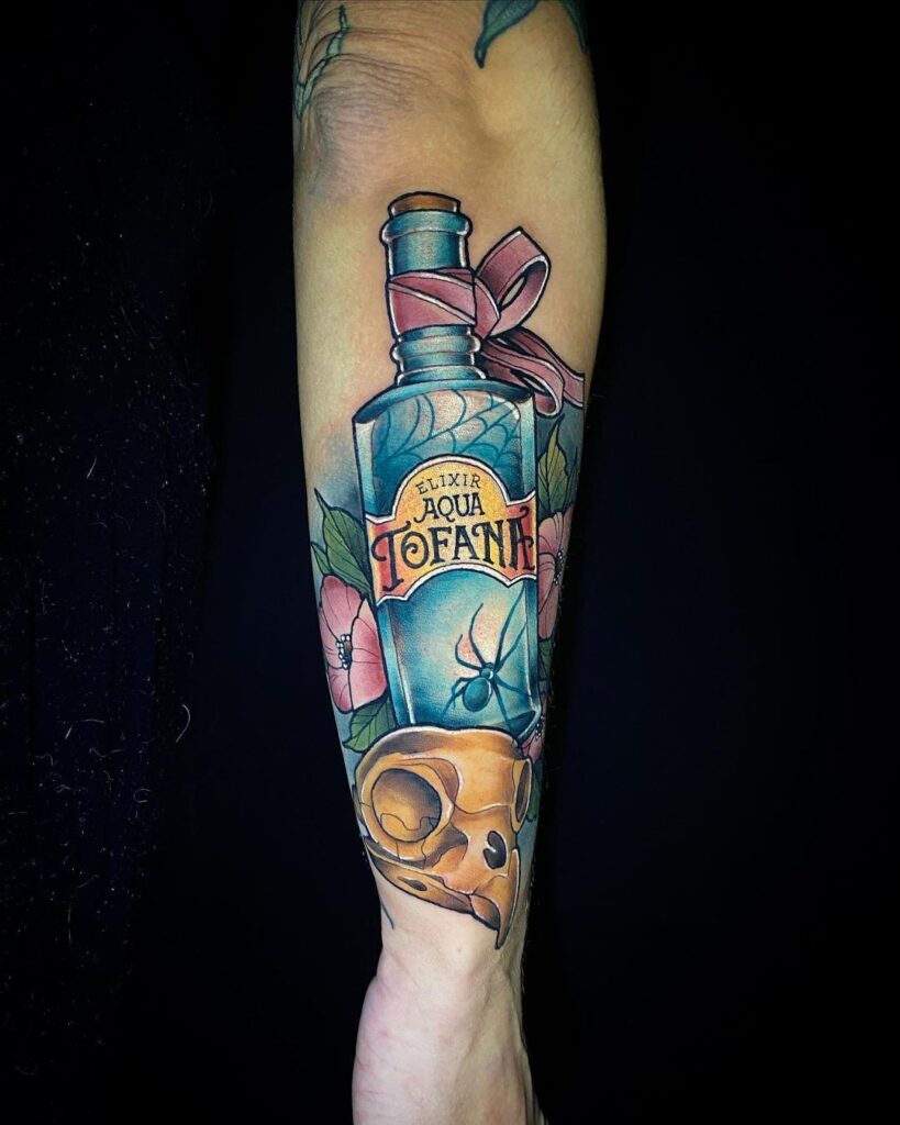 Aqua Tofana, Spider And Bird Skull Tattoo