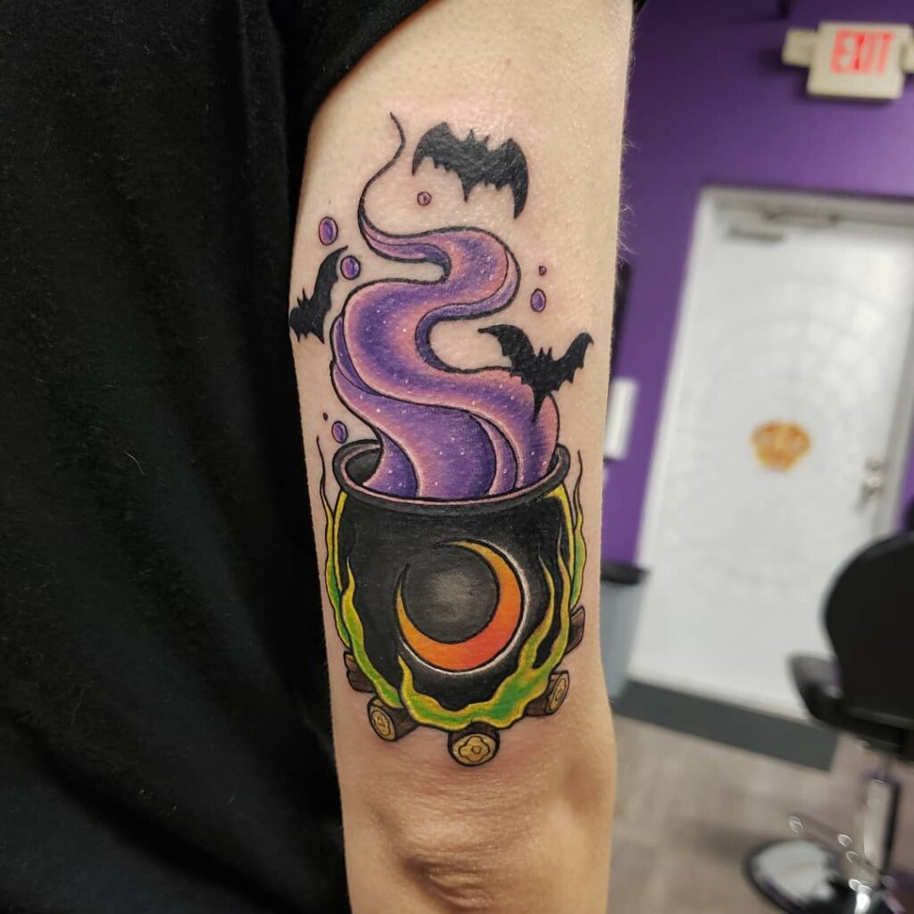 Bats, Crescent Moon And Cauldron Tattoo