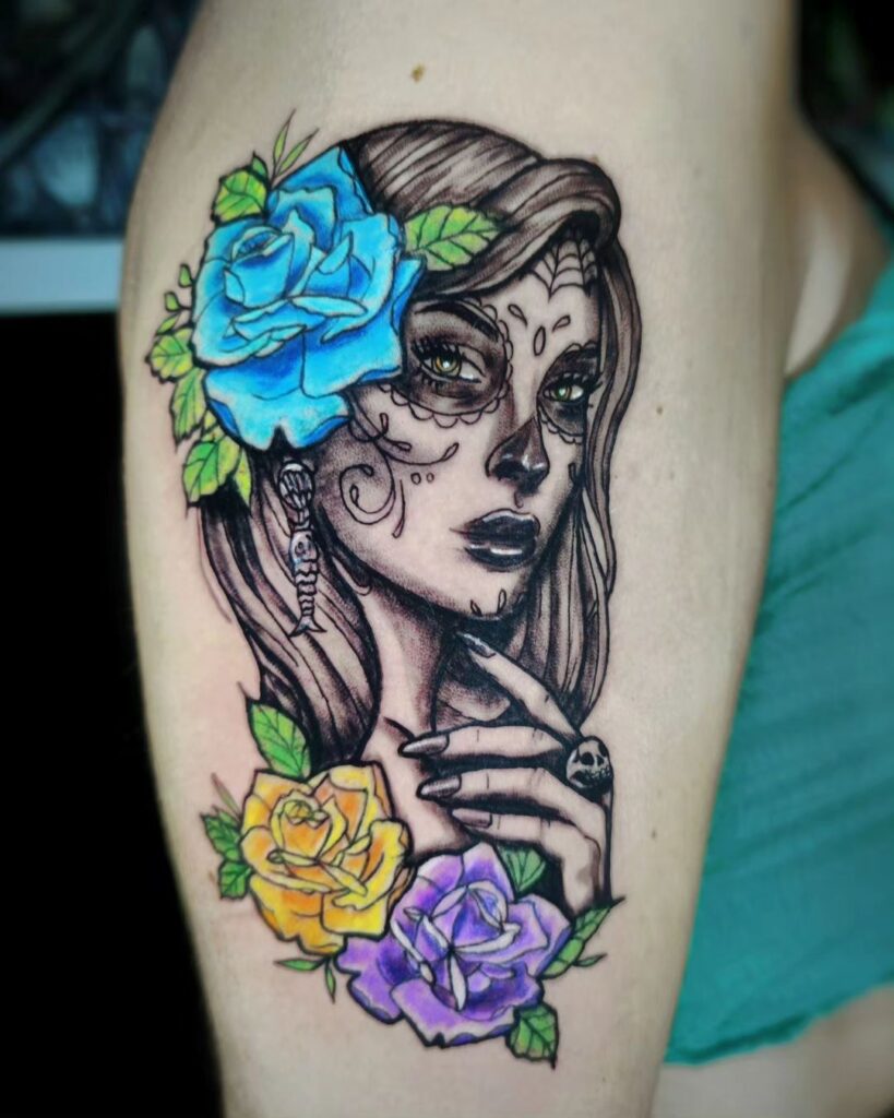 Catrina Tattoo With Colored Roses