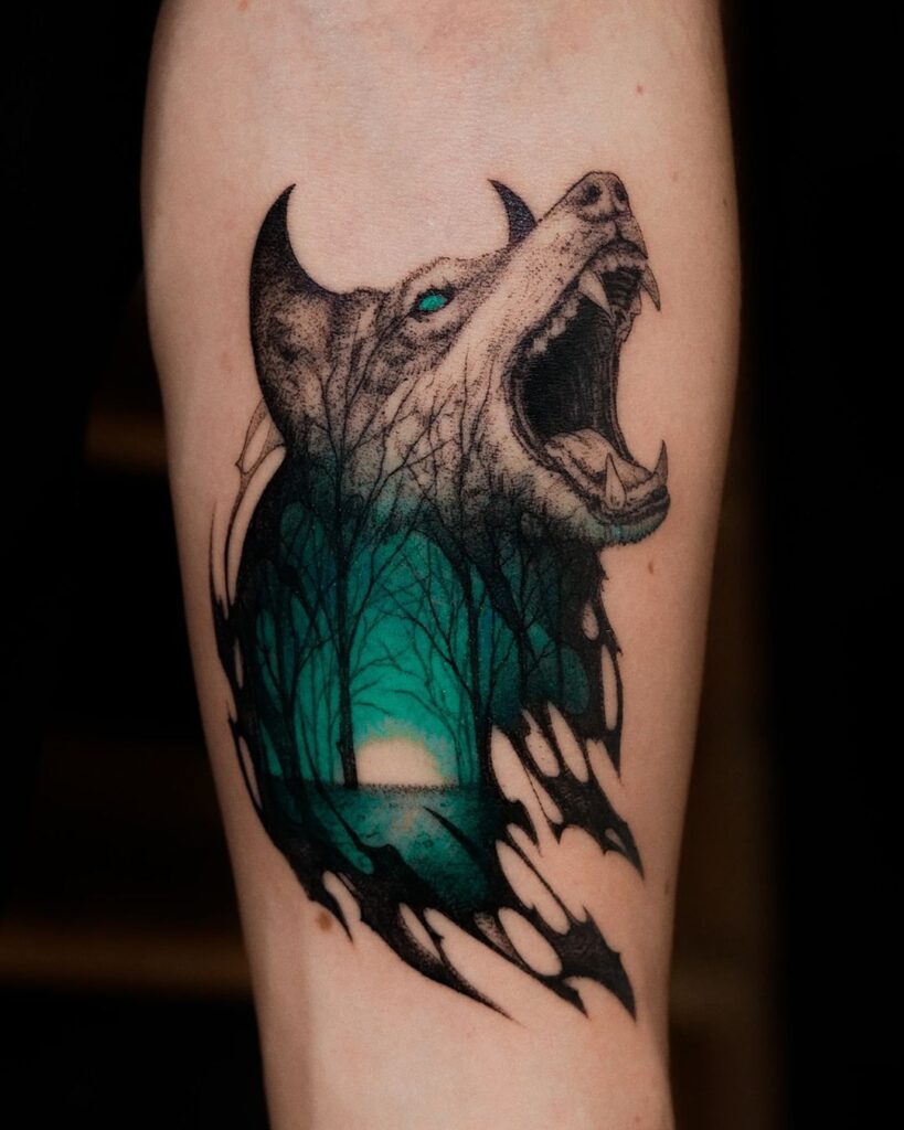 Double Exposure Wolf Tattoo