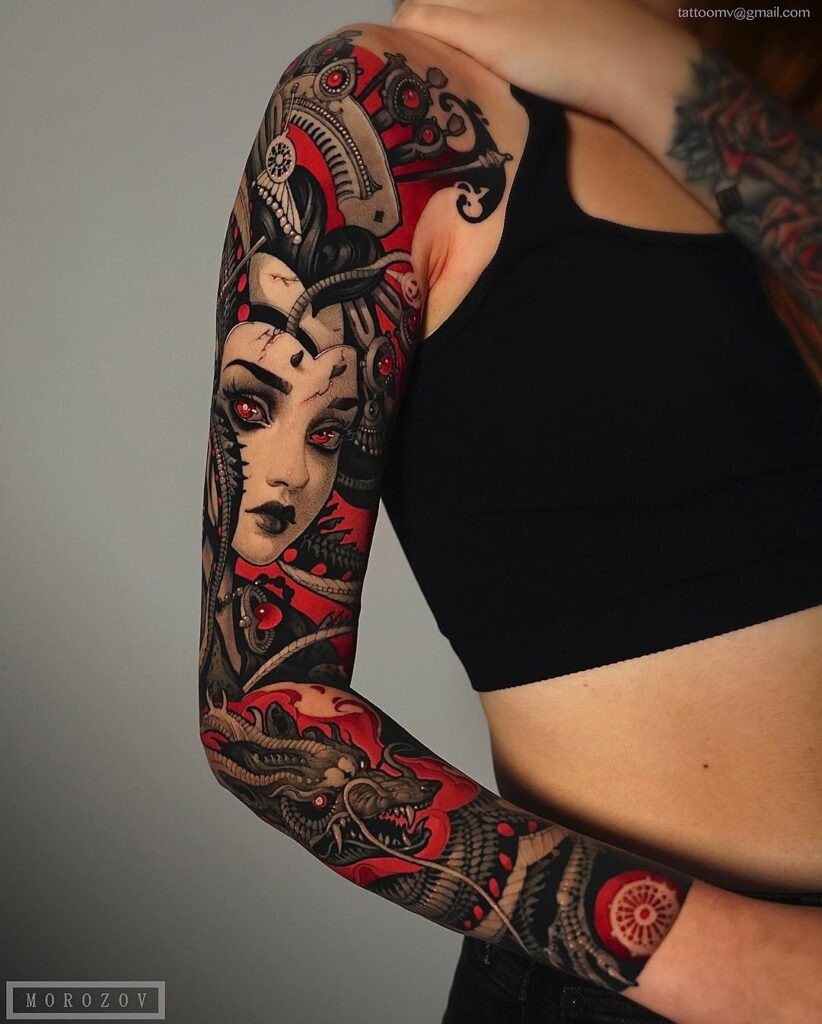 Tatuaje de manga de geisha con dragón