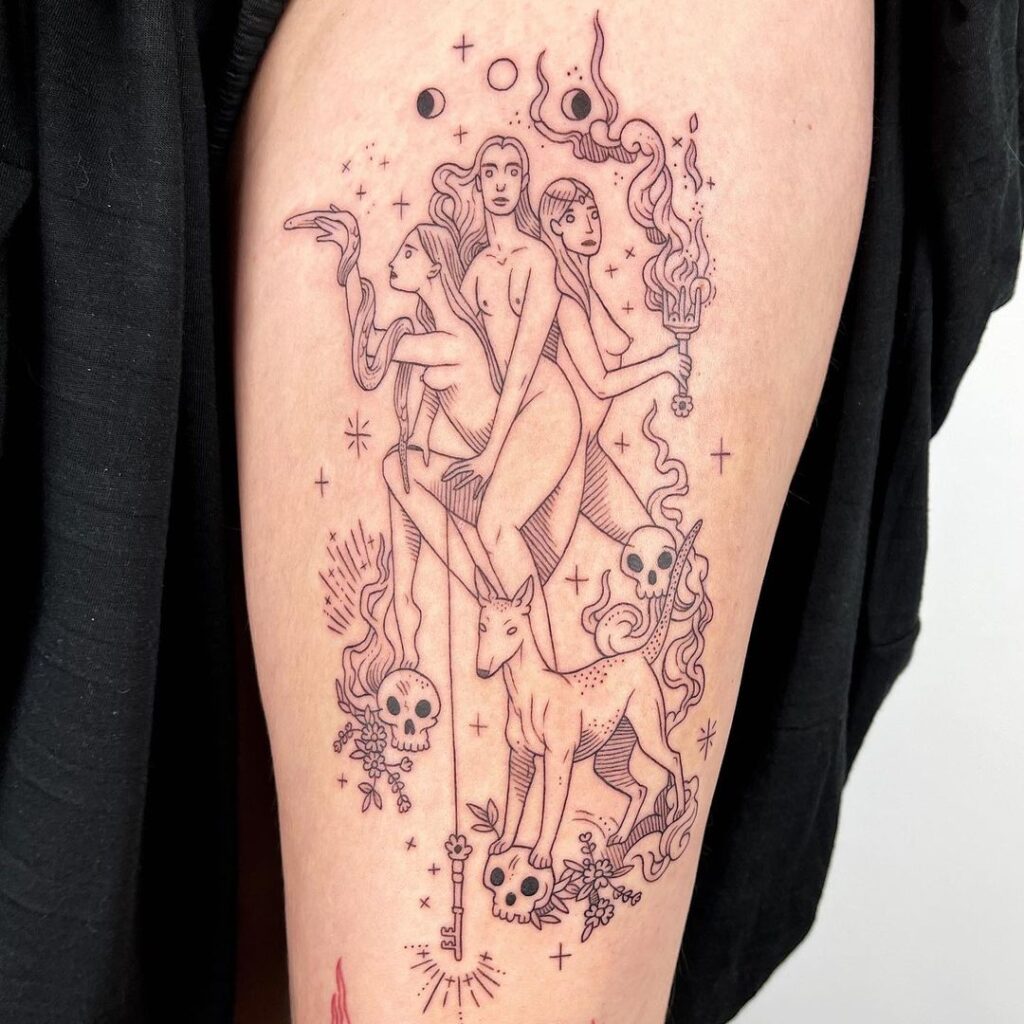 Tatuaggio Hekate a linee sottili