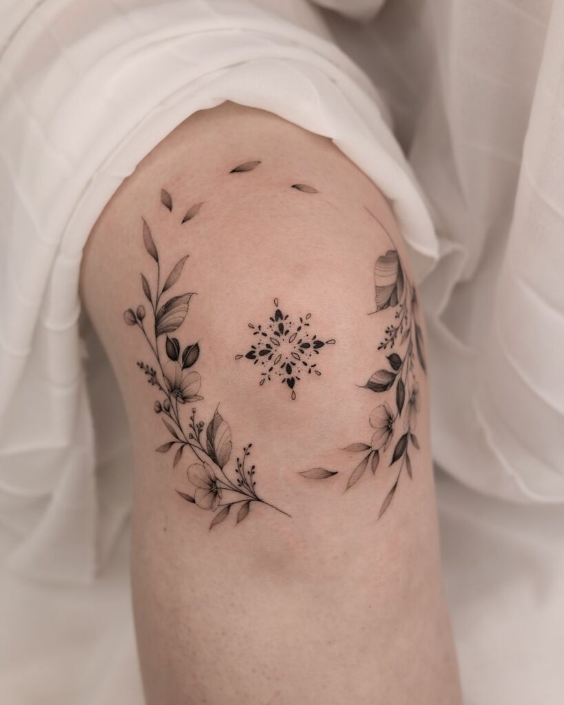 Tatuaggio floreale ornamentale sul ginocchio