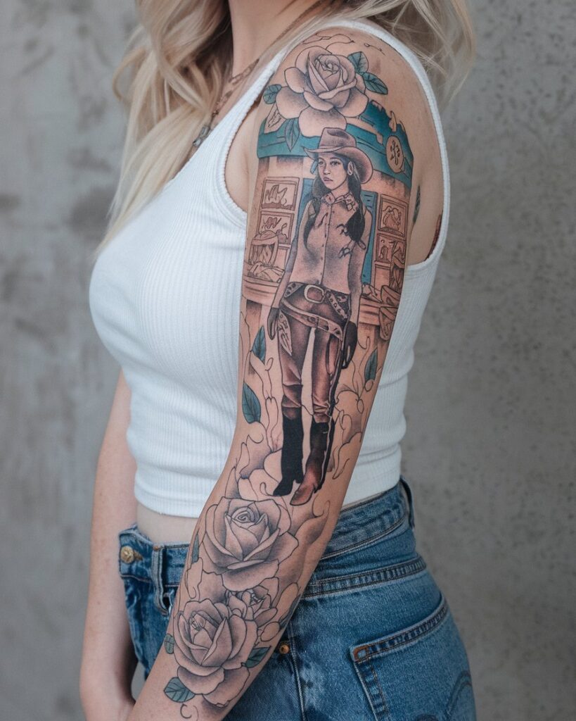 Full-Sleeve Cowboy Tattoo For Women