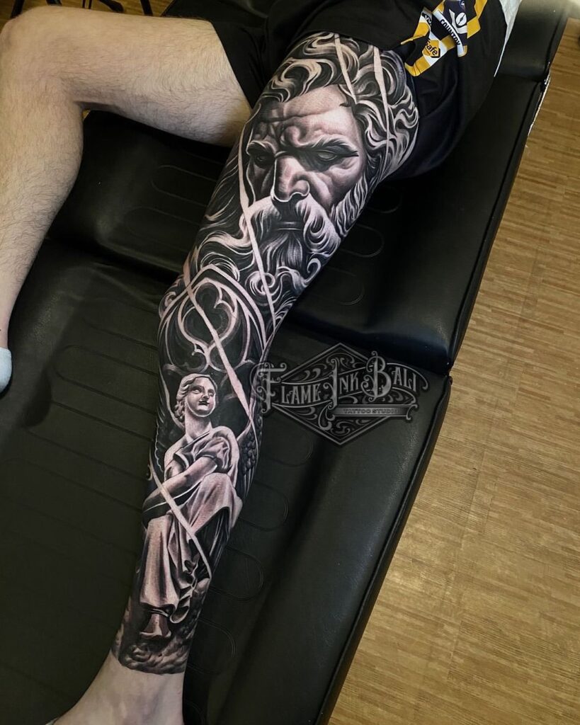 Greek Mythology Full Leg Sleeve Tattoo