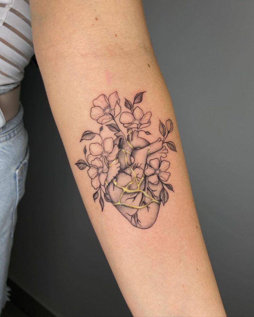 Kintsugi Heart With Flowers Tattoo