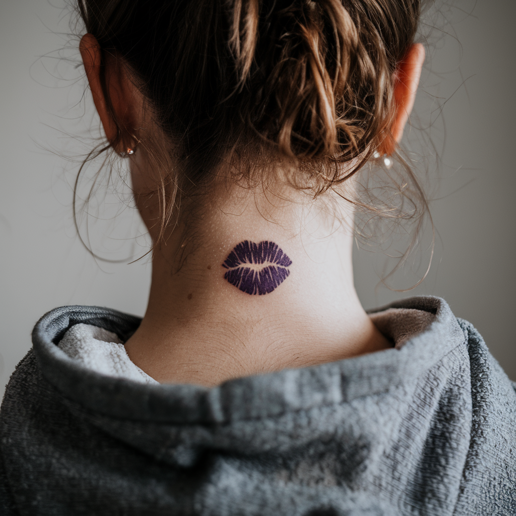 Kiss Mark Tattoo On The Nape Of The Neck