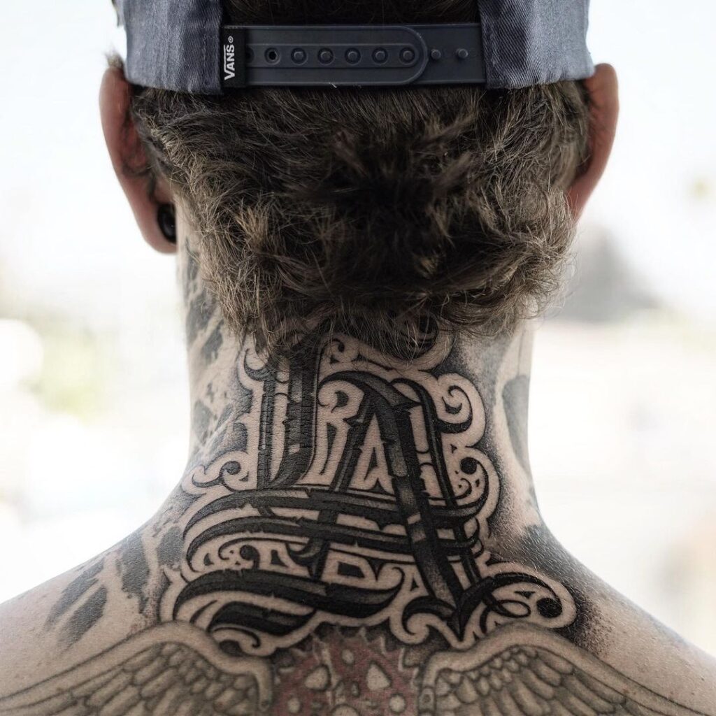 LA Neck Lettering Tat