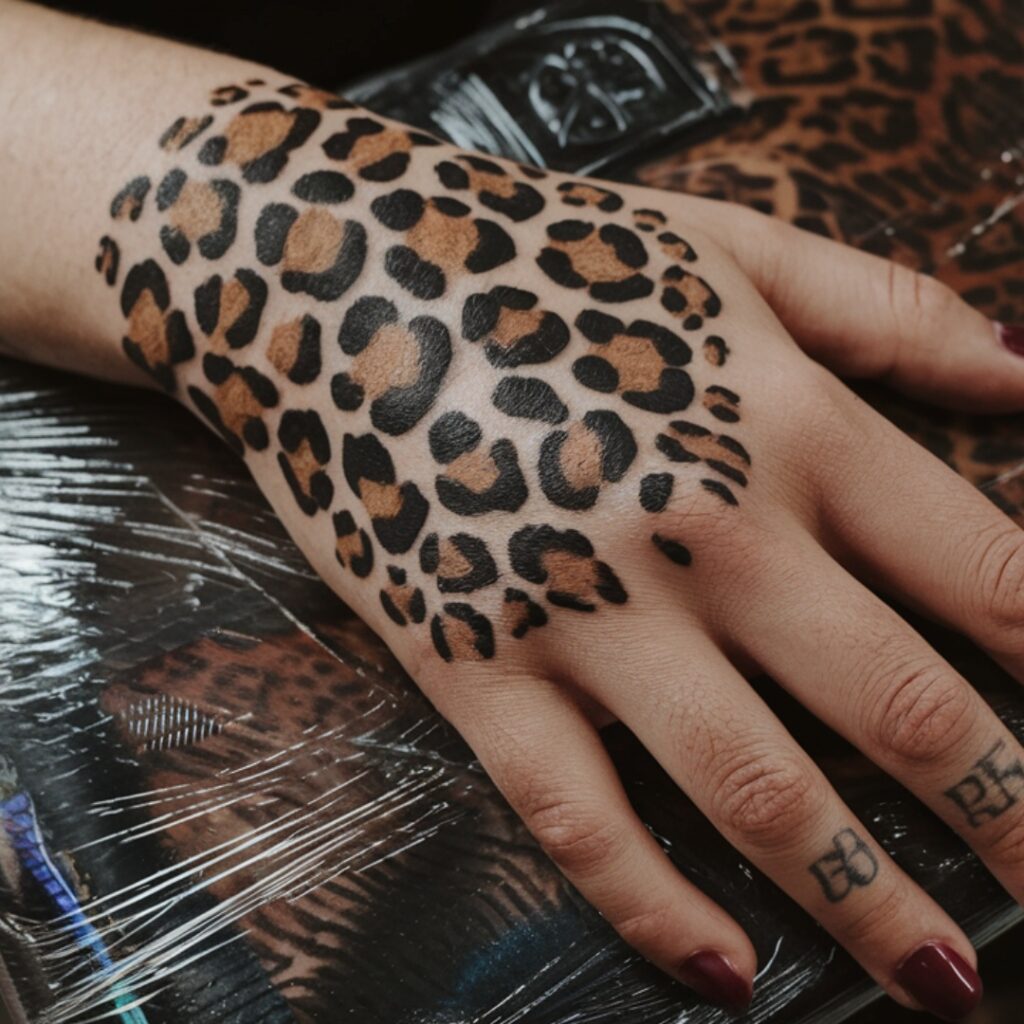 Tatuagem de mão com padrão de leopardo