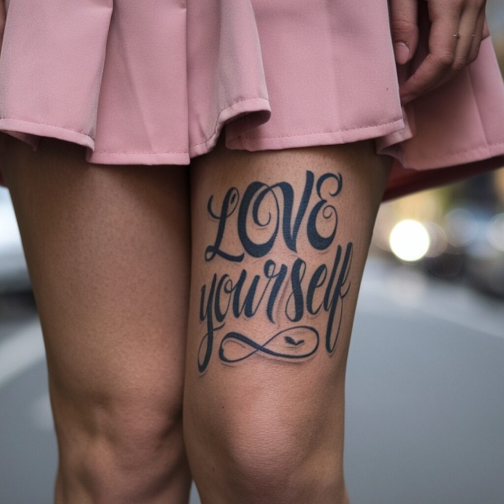 Tatuaggio Love Yourself sopra il ginocchio