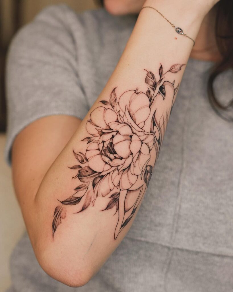 Peony Fine-Line Arm Tattoo