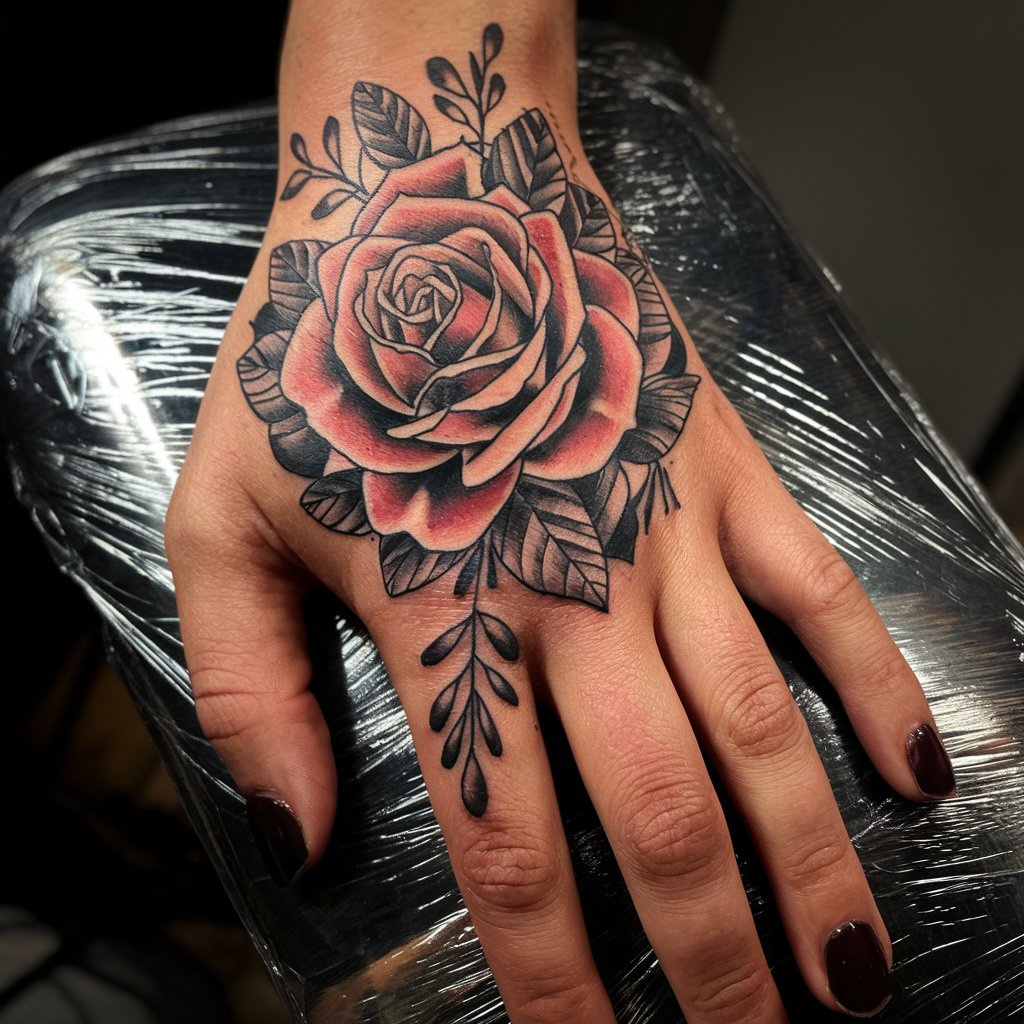 Tatuagem de rosa na mão