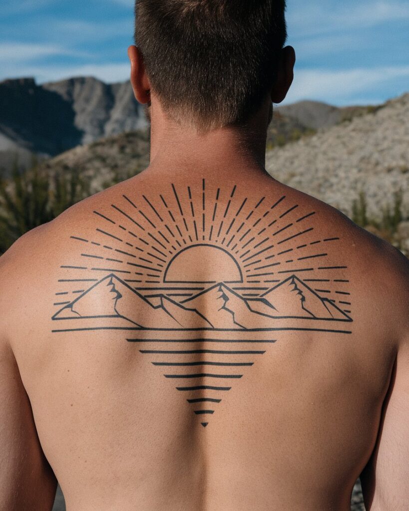 Tatuaggio del sole che sorge dietro le montagne