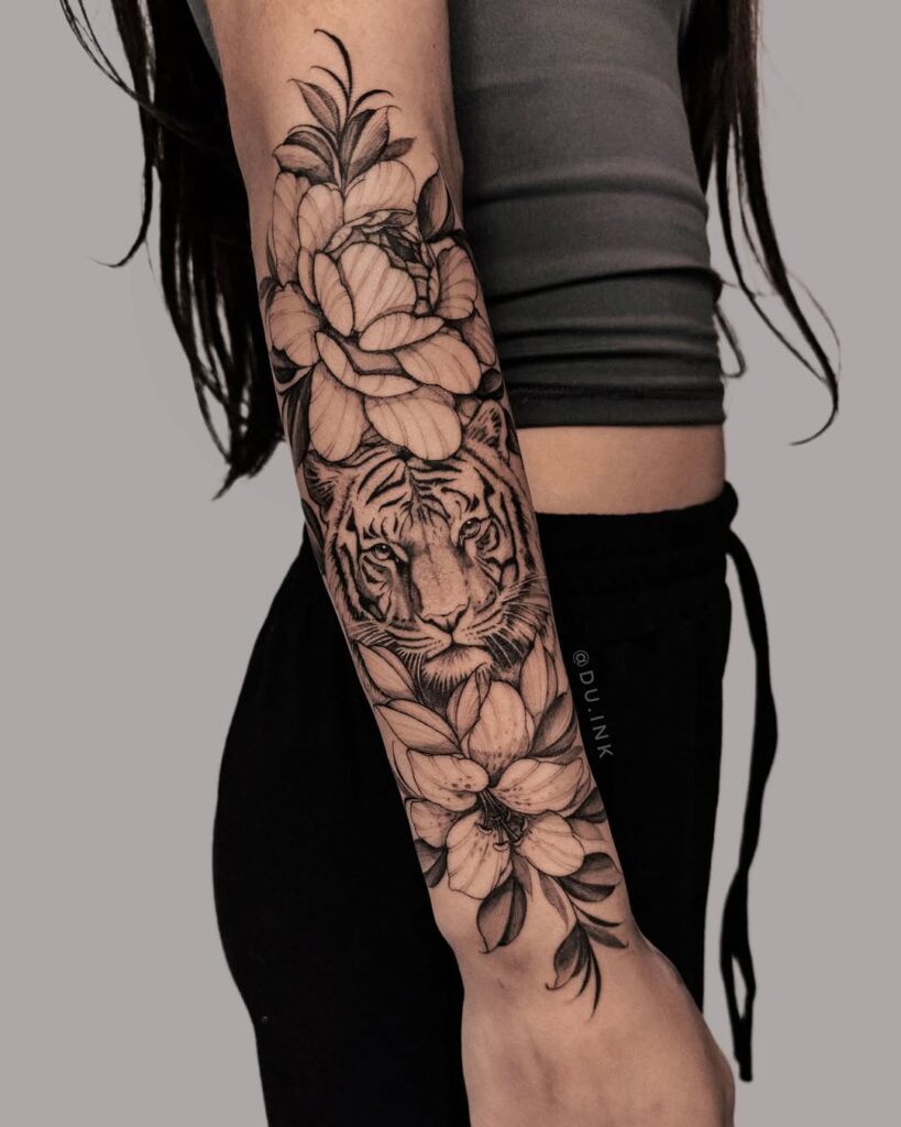 Tiger & Flowers Half Arm Tattoo