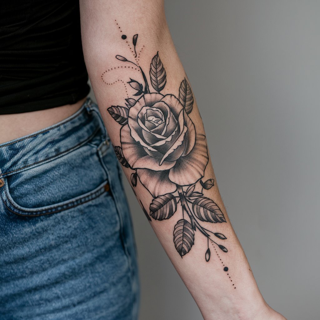 Tatuaggio tradizionale di rosa nera e grigia