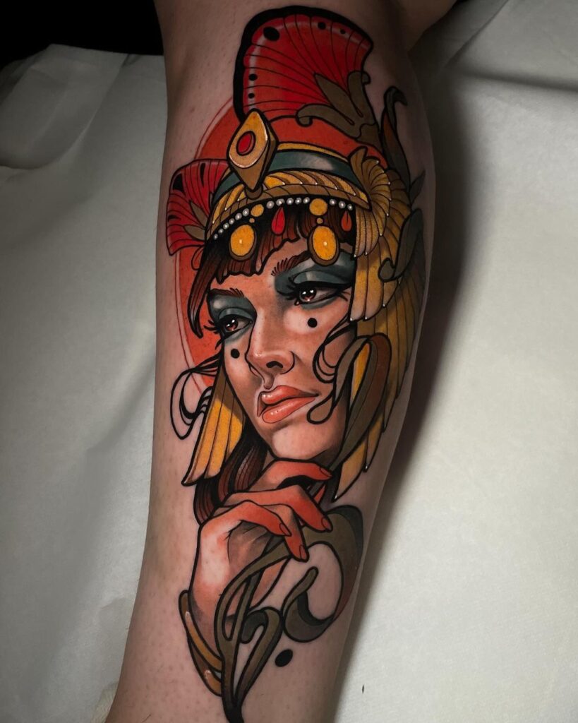 Vibrant Cleopatra Leg Tattoo