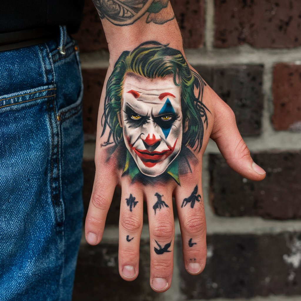 Vibrant Joker Hand Tattoo