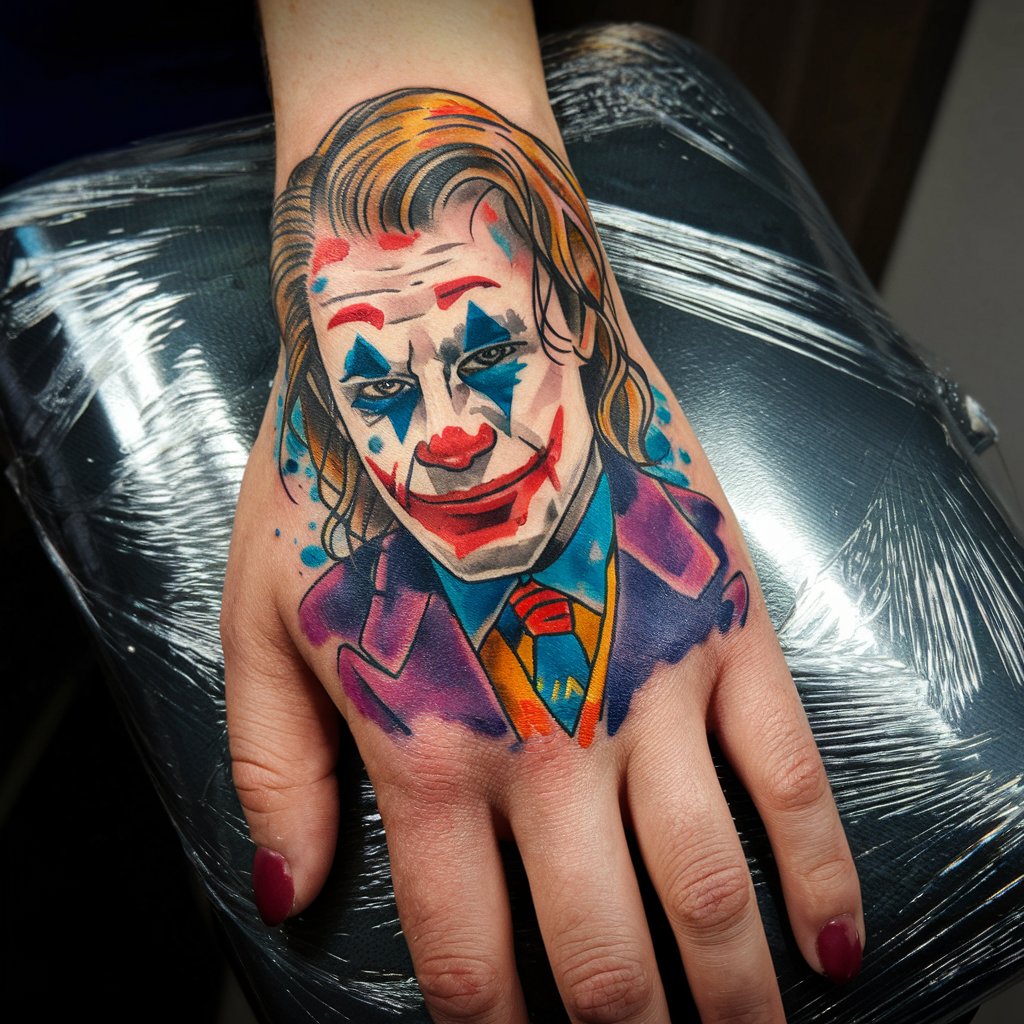 Watercolor Joker Hand Tattoo