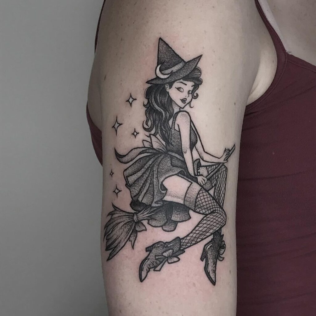 Witch Flying On A Broom Tattoo