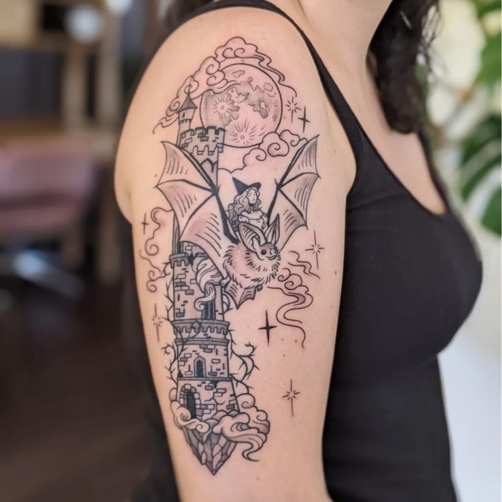 Witch Riding A Giant Bat Tattoo