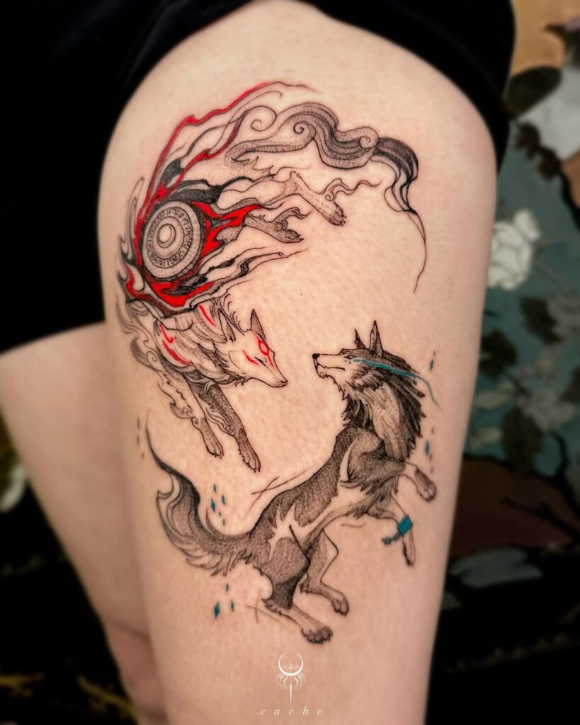 Tatuagem de fantasia de Amaterasu e lobo