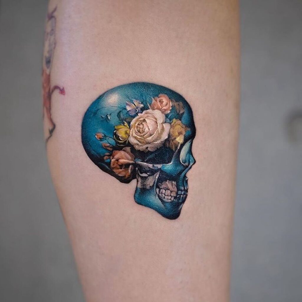 Blue Floral Skull Tattoo