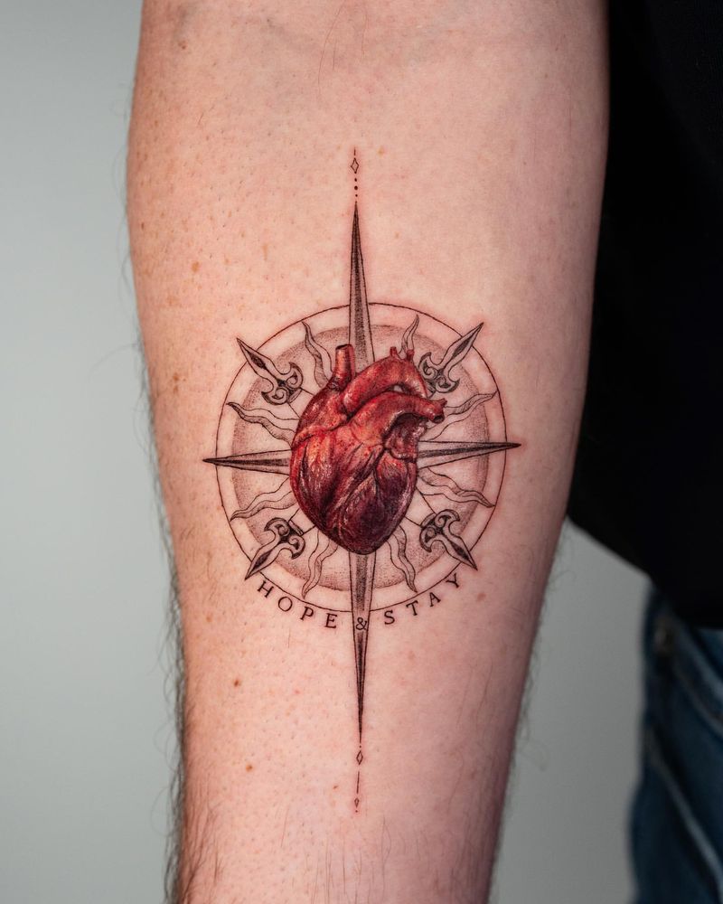 Compass And Human Heart Tattoo