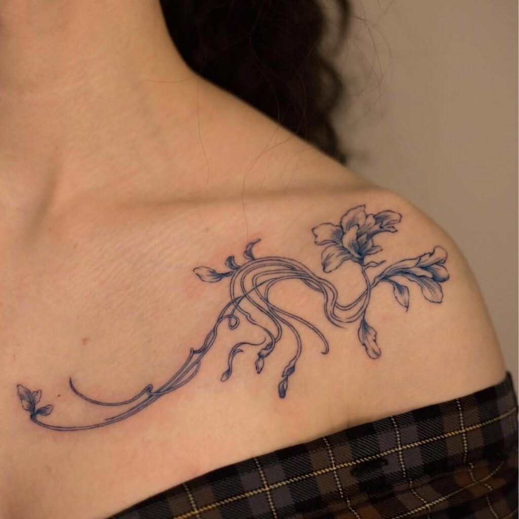 Delicate Vine And Flower Collarbone Tattoo