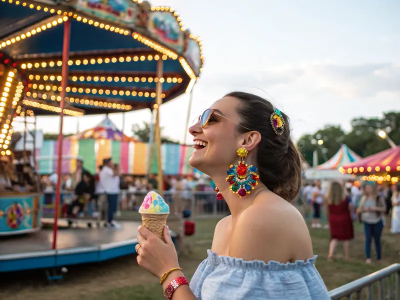 Colorful Statement Earrings and Off-Shoulder Top