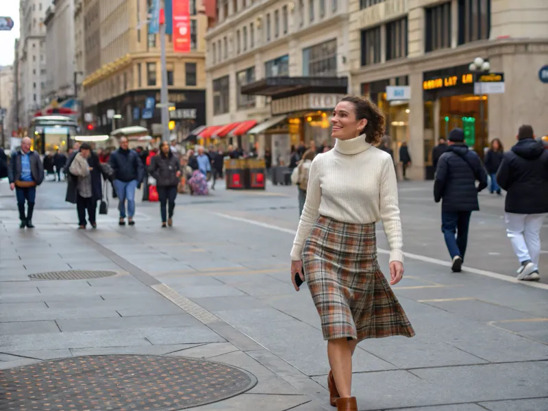 Off-White Turtleneck with Plaid Skirt