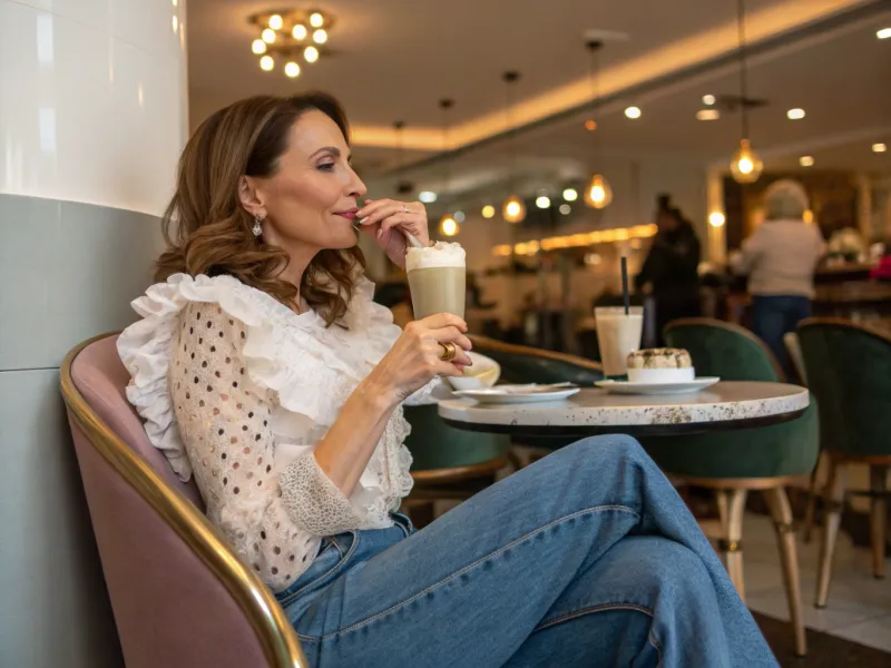 Blusa com folhos e calças de ganga de perna direita