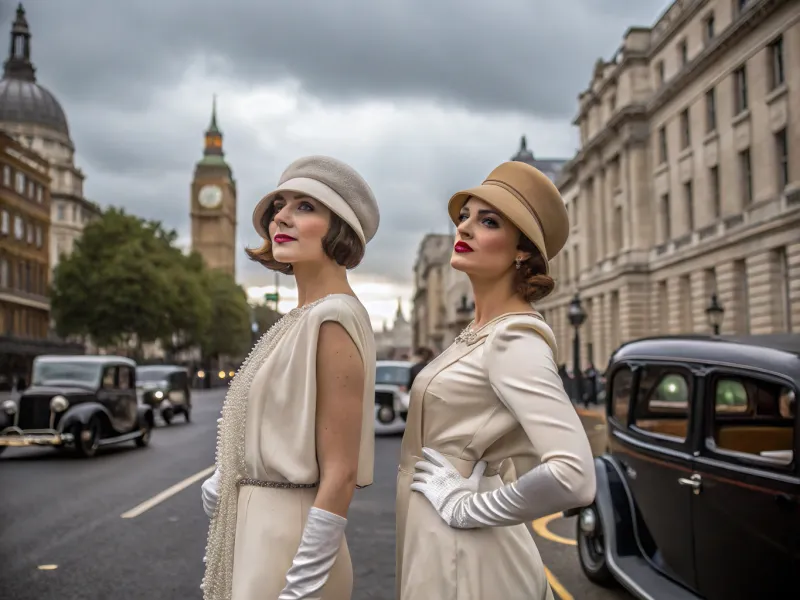 Two women in matching cloche hats and silk gloves, London, 1928