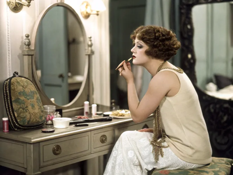 Silent film star Clara Bow getting ready in her dressing room, 1928