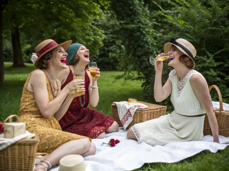 Ladies at a picnic, sipping lemonade and rocking bold lipstick, 1926