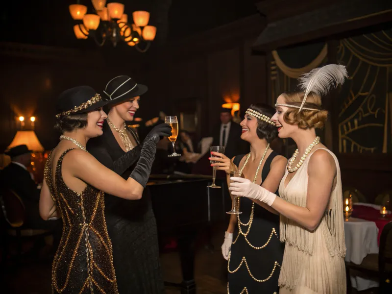 Flappers clinking glasses at midnight on New Year’s Eve, 1929