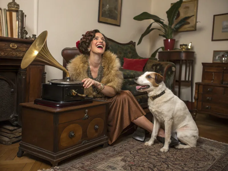 A woman posing next to her dog and gramophone—peak solo joy, 1921
