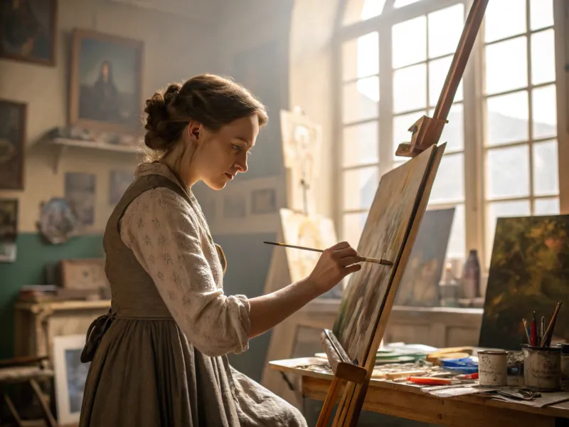 A woman painting on canvas in her sunlit studio, 1923