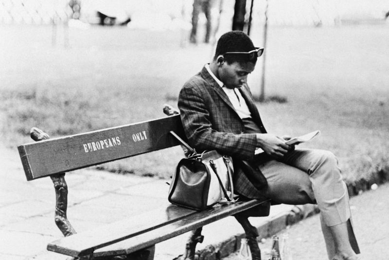 Man Reading a Newspaper on a Bench